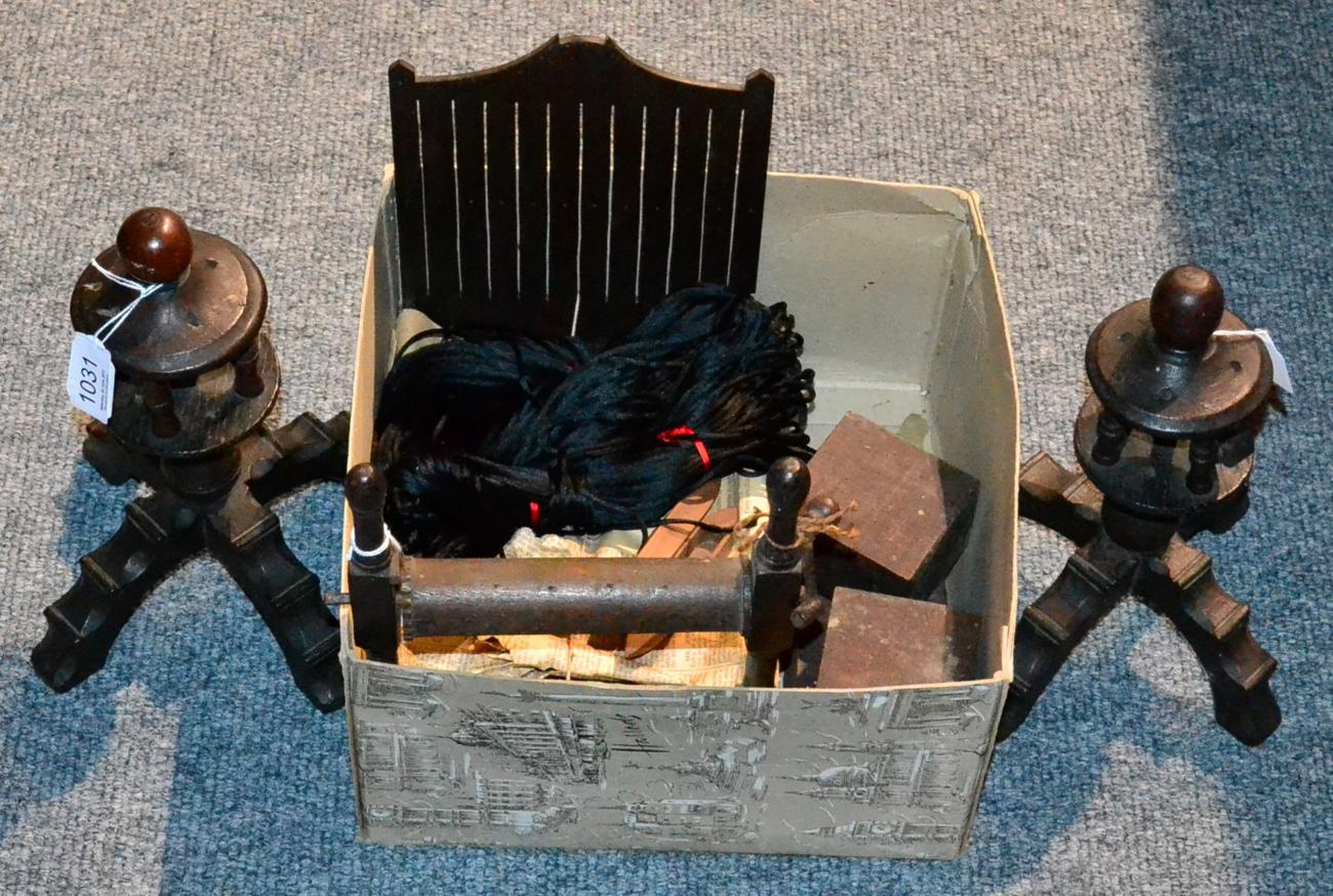 19th century bobbin winder, resembling a bed, with slatted end, together with turner and shuttles,