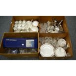 A quantity including Paragon 'Belinda' dinnerwares, silver plate, glass, etc (four boxes)