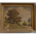 English school, trees in a rural landscape, oil on canvas, in gilt frame