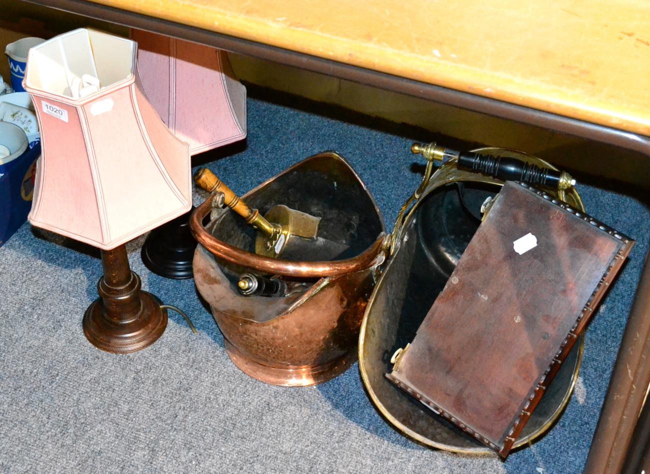 A 19th century copper coal scuttle, a brass example, a mahogany wall bracket and pair of modern