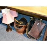 A 19th century copper coal scuttle, a brass example, a mahogany wall bracket and pair of modern