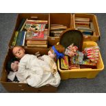 A quantity of toys and games including a Muffin Junior puppet, marbles, play worn cars, dolls, etc