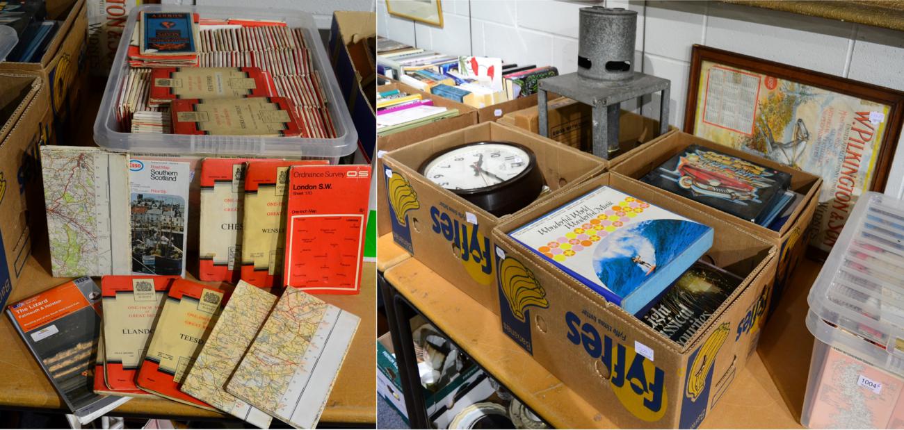 A box of Ordnance Survey maps, a Bryant greenhouse heater, three egg boxes, a hunting print calendar