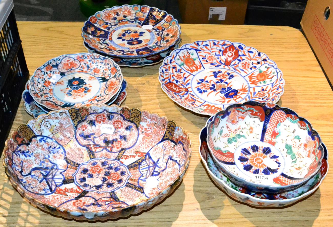 A group of nine 19th century Japanese Imari lobed dishes, bowls and plates (most a.f)