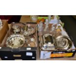 Assorted silver plated items including entree dishes, together with a group of decanters (two boxes)