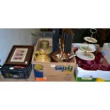 A copper kettle, a brass lamp, brass holy water font, cased carving set, stationary rack etc