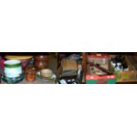 A large group of assorted to include a large terracotta dairy bowl, tins, door furniture and