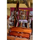 A pair of mahogany wall hanging display shelves; a folding cake stand and two child's chairs (5)