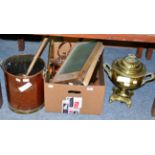 A 19th century copper pail with brass swing handle, various other copper and brass including a