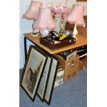 Six modern table lamps, a cutlery tray, silver plate, a set of three hand-coloured deer stalking