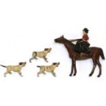 Side Saddle Mounted Figure in pink with bowler hat, with three hounds 5'', 13cm high