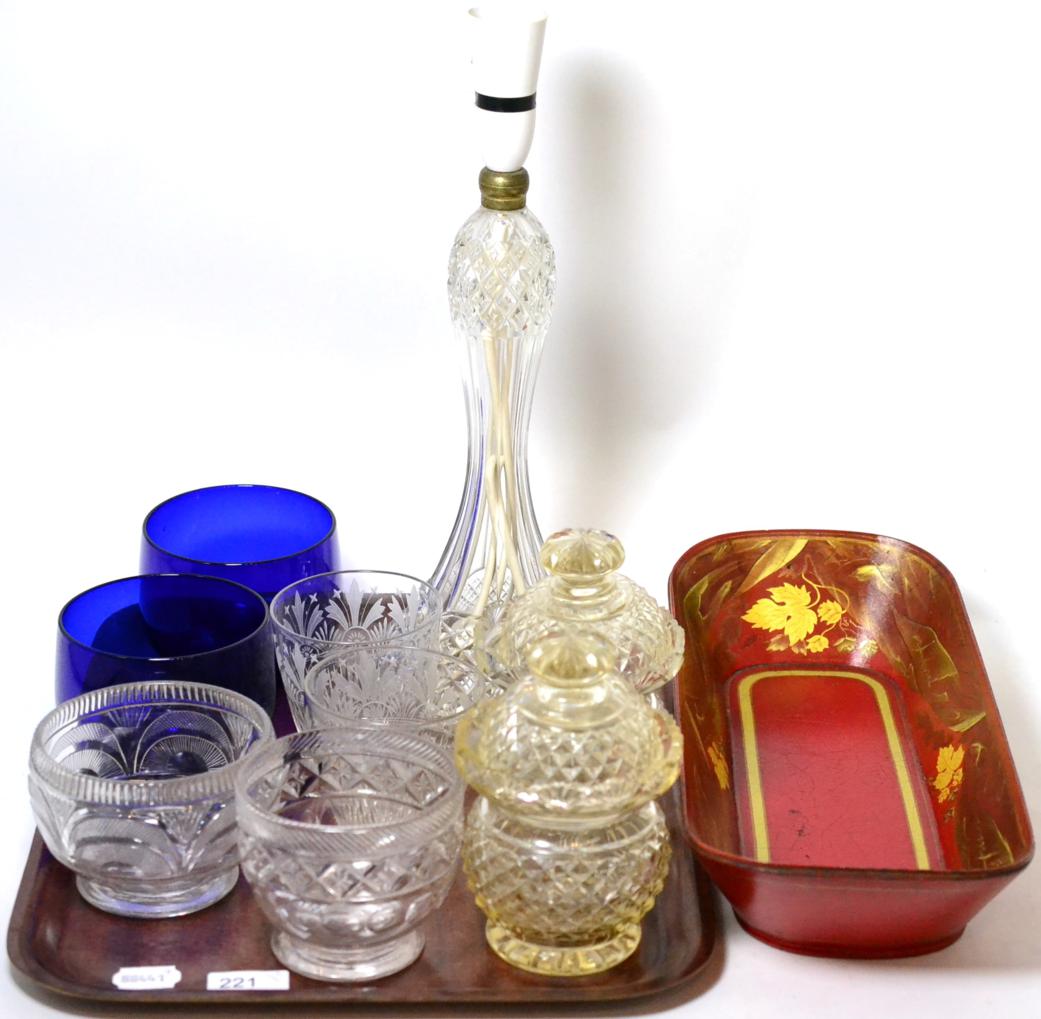 A group of 19th century and later glass including finger bowls, sweet meat jars, table lamp etc.