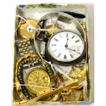 A lady's wristwatch with case stamped 18K, fob watch stamped 14K, silver pocket watch and seven