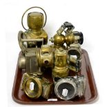 A Lucas 'King of the Road' No 630 motoring lamp, together with seven other vintage lamps including