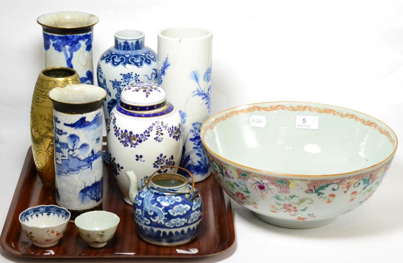 A Chinese punch bowl, tea pot, vases (a.f.) etc Punch bowl is 31cm wide with old staple repair and