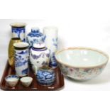A Chinese punch bowl, tea pot, vases (a.f.) etc Punch bowl is 31cm wide with old staple repair and