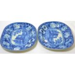 Two 19th century blue and white meat plates, one decorated with Newark castle, circa 1820
