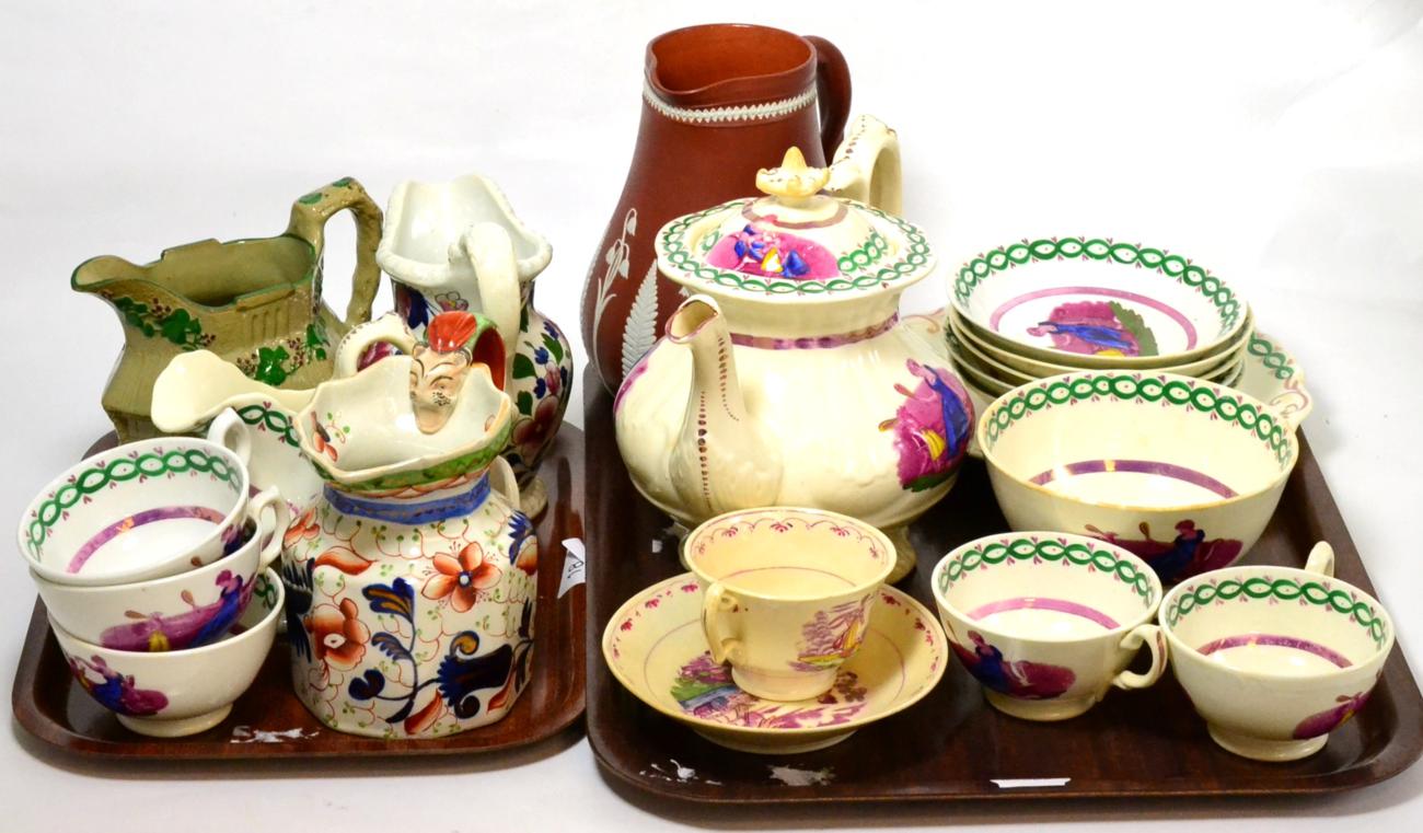 Sunderland tea wares 'Tennis' and Victorian jugs (two trays)