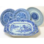 Two Chinese export octagonal plates, a blue and white circular plate, and a pair of plates (5)