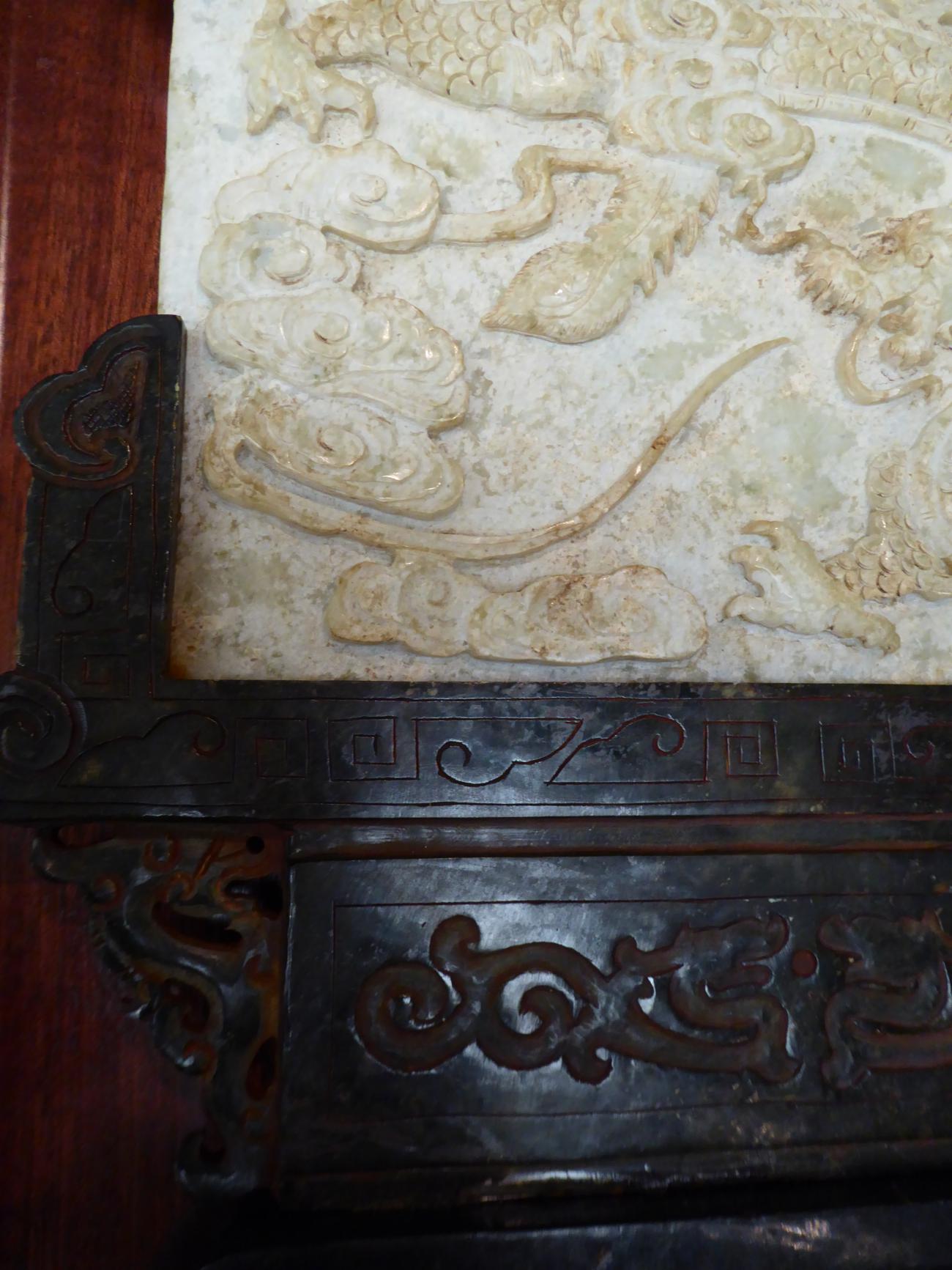 A Chinese carved stone table screen decorated in relief with a dragon and a phoenix, calligraphy - Image 5 of 9