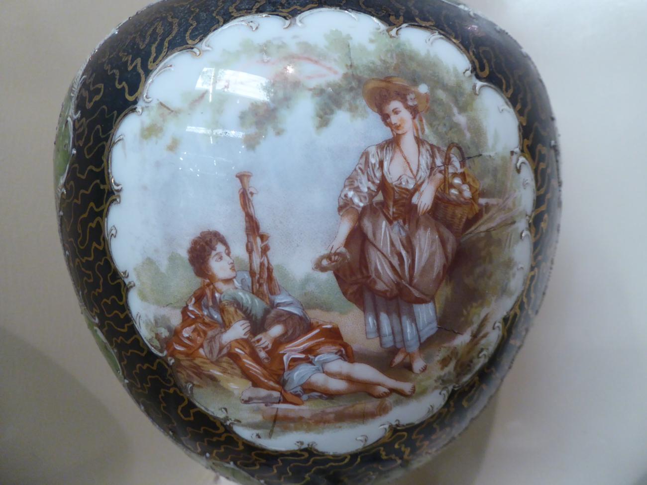 A set of three Victorian painted glass vases decorated with vignettes of courting couples - Image 7 of 8