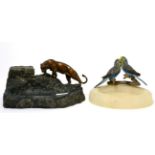 A bronze mounted inkstand featuring a tiger; together with a stone ashtray mounted with a pair of