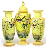 A set of three Victorian yellow glass vases decorated with birds and flowers