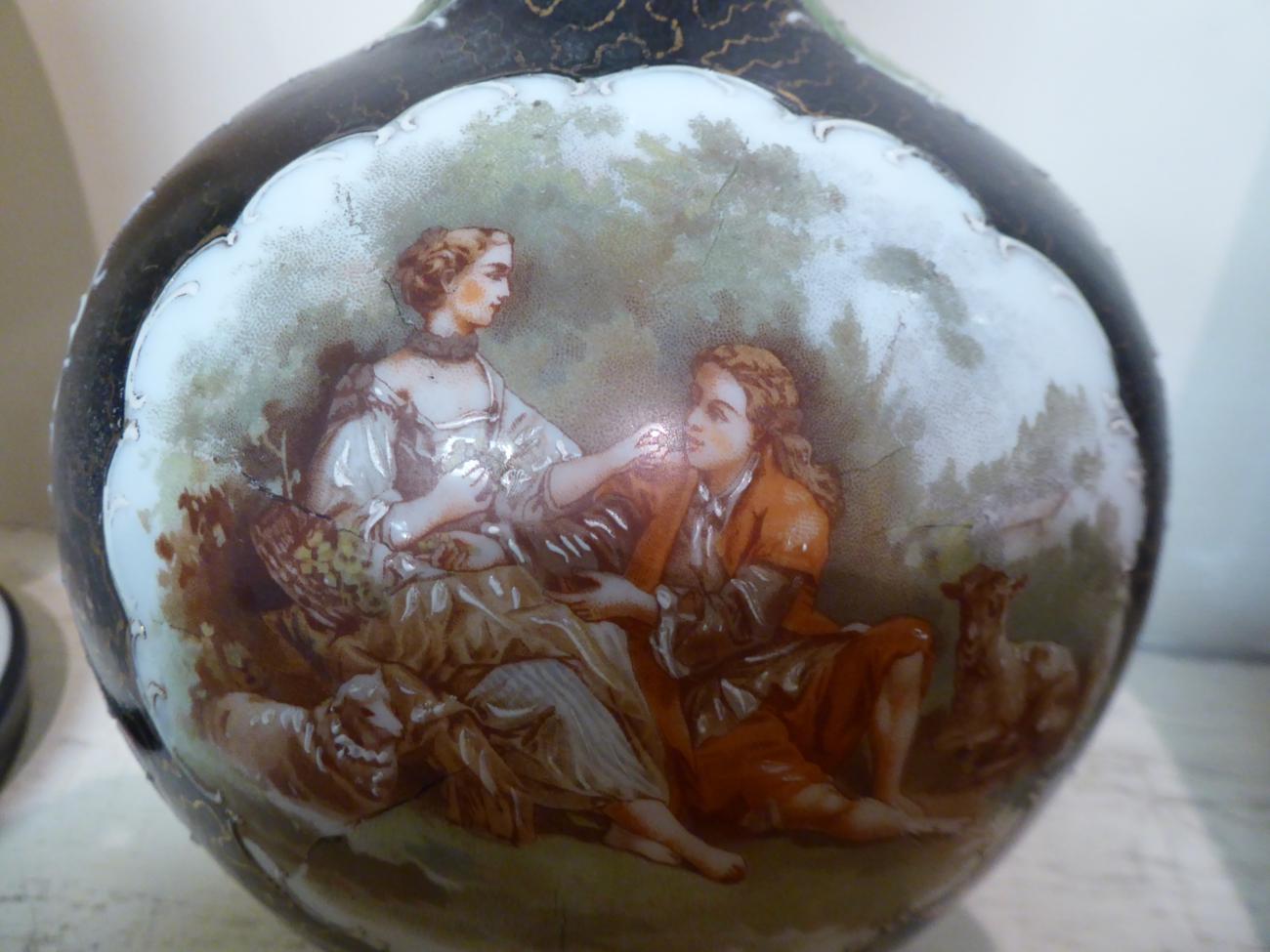 A set of three Victorian painted glass vases decorated with vignettes of courting couples - Image 6 of 8