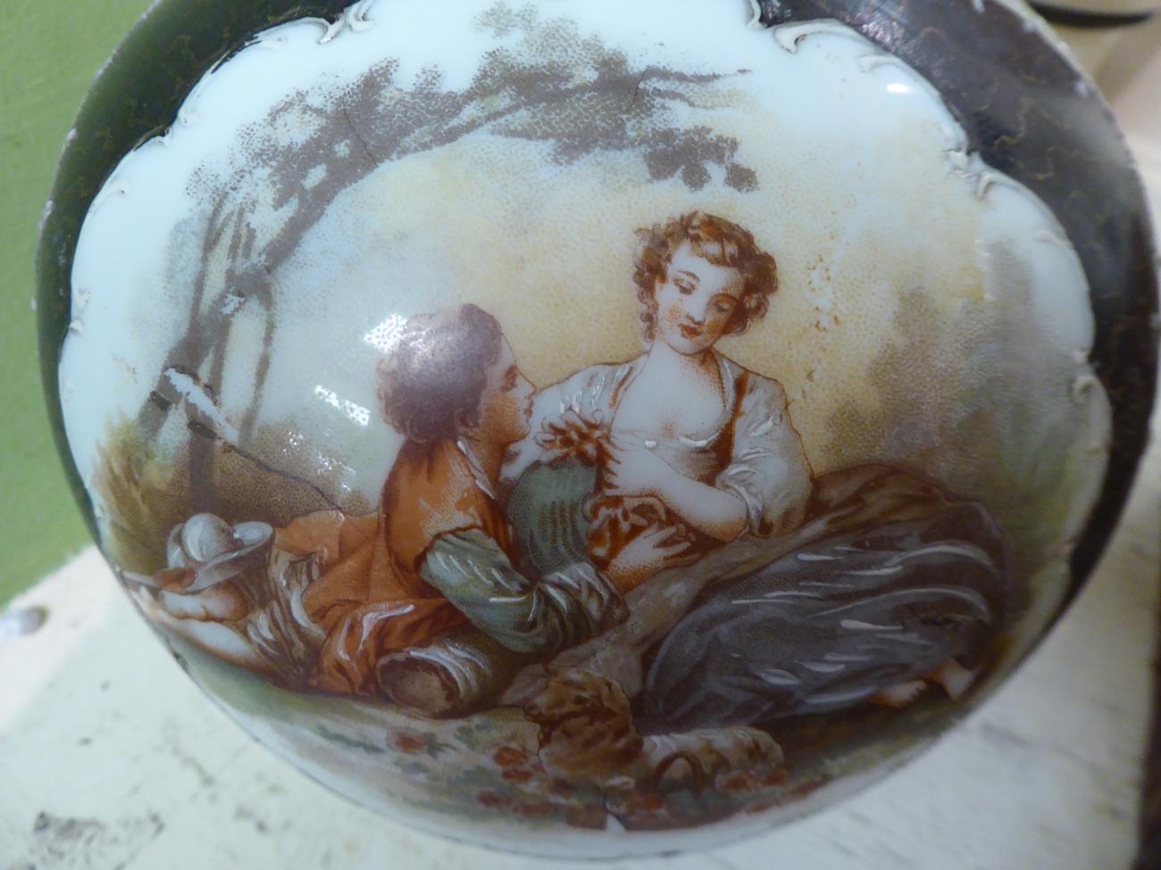 A set of three Victorian painted glass vases decorated with vignettes of courting couples - Image 2 of 8