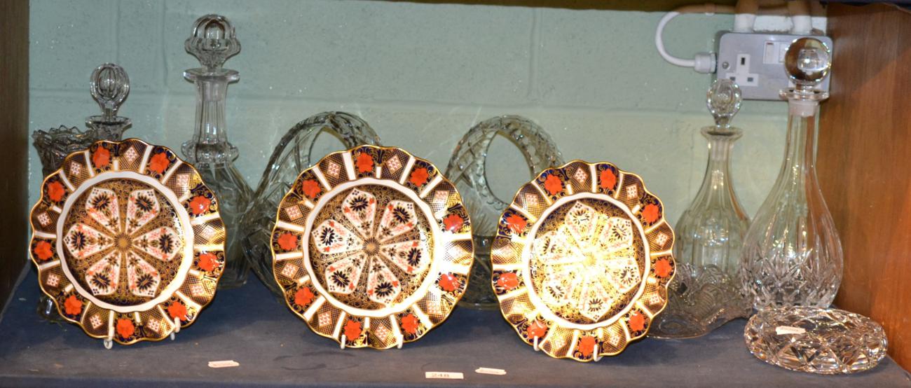 Three Royal Crown Derby Imari plates together with a group of cut glass