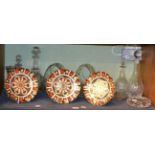 Three Royal Crown Derby Imari plates together with a group of cut glass