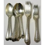 A 19th/20th century composite silver part service of beaded spoons and forks, including six