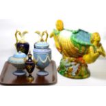 A Mintons style Majolica centrepiece together with a Wedgwood blue jasper vase and matched cover and