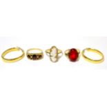 Two 9ct gold dress rings, a pair of 9ct gold hoop earrings and an 18ct gold dress ring Two 9ct