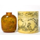 A Chinese inside painted snuff bottle; and bone box and cover (2) Scent bottle - lacking stopper,