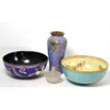 R Lalique glass flower ornament, Carlton lustre bowl another Carlton bowl and a Doulton vase (4)