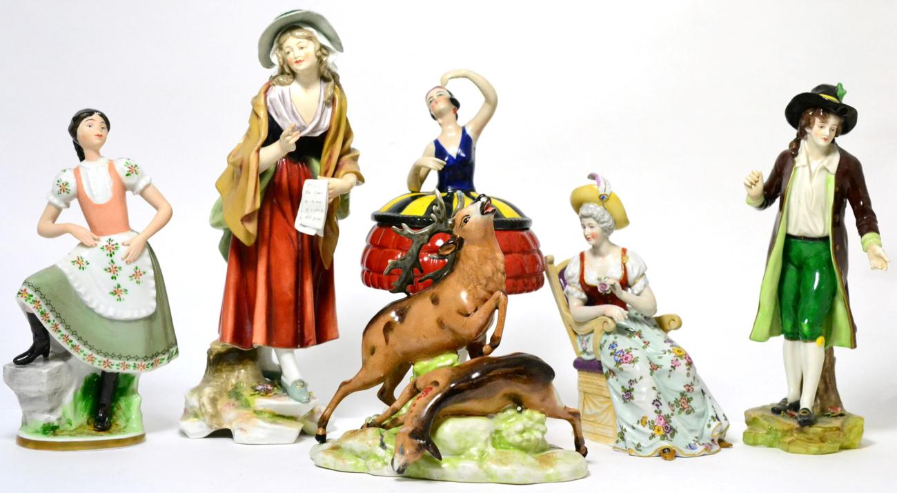 A group of Continental porcelain figures; a group of deer; and a ballerina box and cover