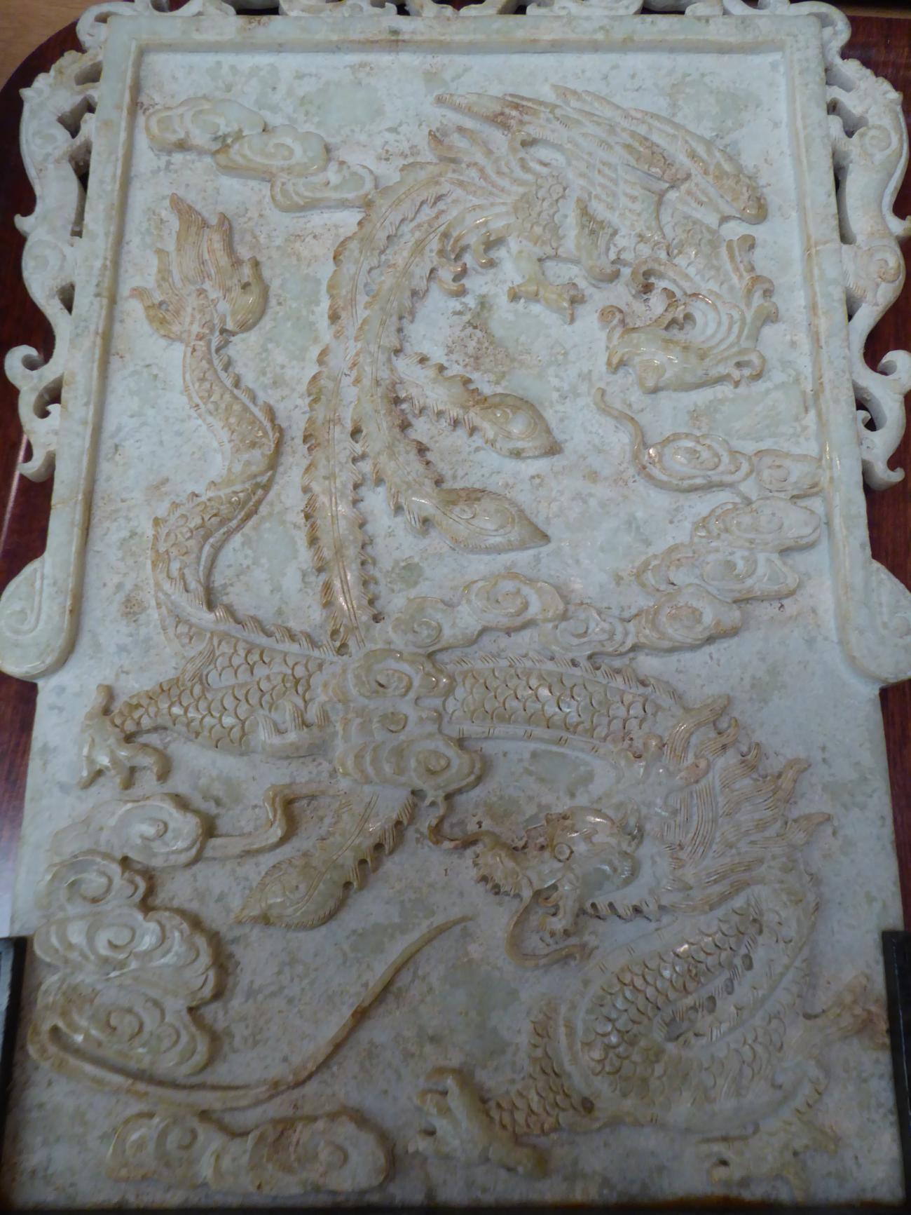 A Chinese carved stone table screen decorated in relief with a dragon and a phoenix, calligraphy - Image 2 of 9