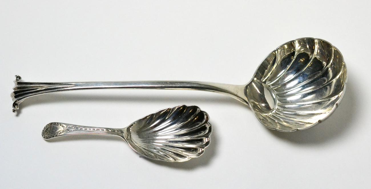 A George III silver Onslow pattern sauce ladle with fluted bowl, Sumner and Crossley, London,