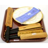 Collection of miniature cricket bats (6), printed with signatures, a 1953 commemorative plate and