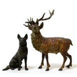 A cold painted bronze model of a stag; together with a model of a seated German Shepherd (2)