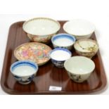 A group of Chinese porcelain tea bowls, a saucer and a bowl (a.f.)Teabowl one - chips to the rim and