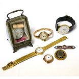 Two lady's 9ct gold wristwatches, Rotary lady's wristwatch, Sekonda wristwatch, two brooches and a