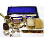 Assorted silver to include a pair of brushes; a comb, bear; scent bottle etc and assorted plated