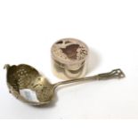 A silver sifting spoon and a Scottish silver box and cover with agate mounted lid (2)