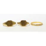 A 22ct gold band ring and two 9ct gold signet rings (3) 22ct gold band ring - finger size J1/2, 1.8g