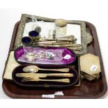 A collection of silver including a trinket box, dressing table jars, coffee bean spoons, a white