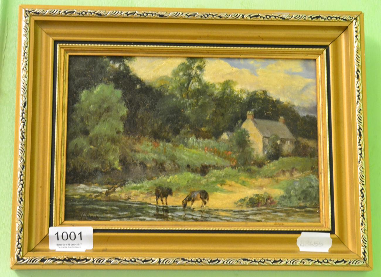H Peach, 20th century, Horses by a river with a cottage in the background, oil on board, signed