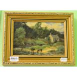 H Peach, 20th century, Horses by a river with a cottage in the background, oil on board, signed