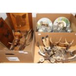 A Quantity of various animal horn mounted items, fallow deer antler mounted wall light, red deer
